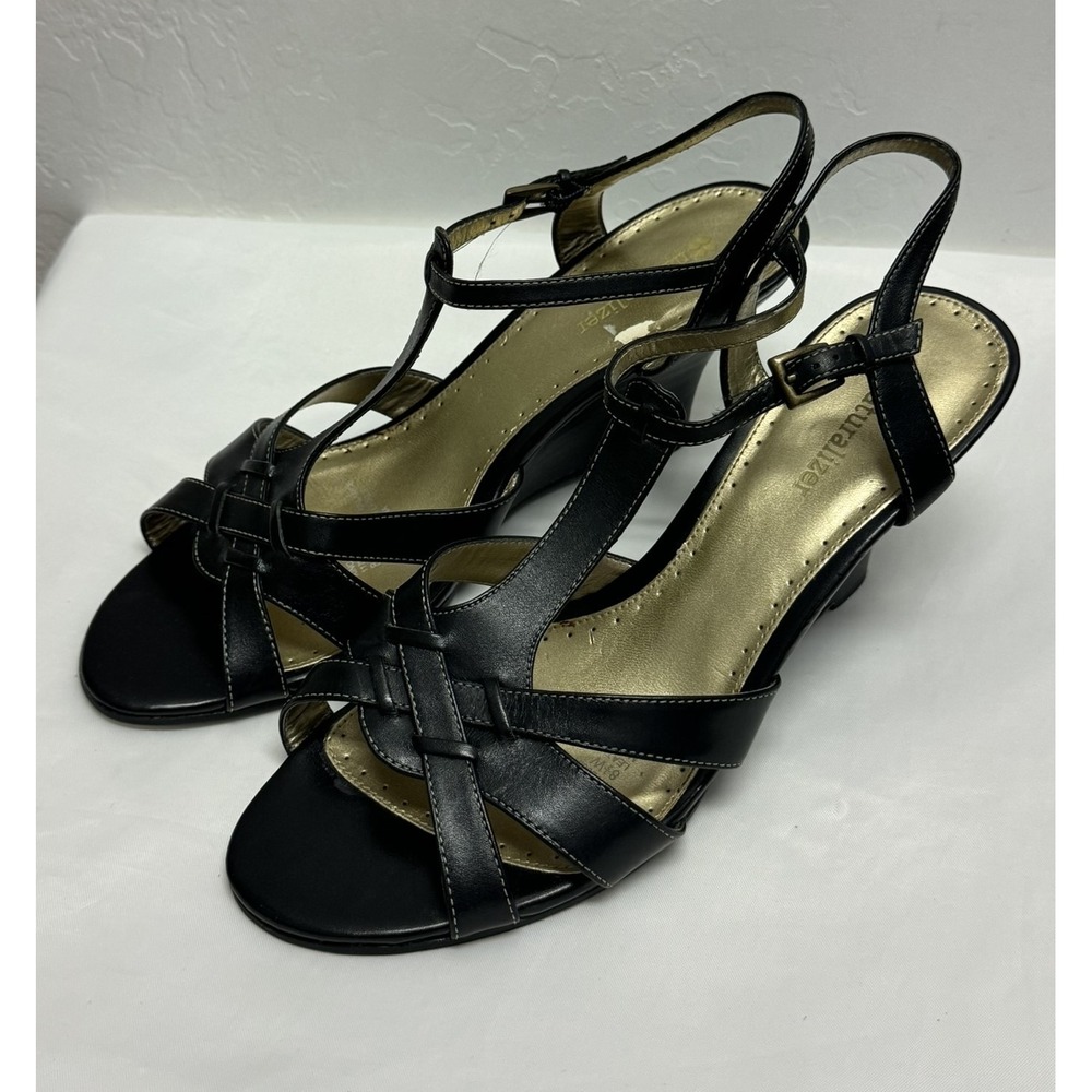 Naturalizer Women's Black Leather Woven T-Strap Wedge Heel Sandals - Picture 2 of 6